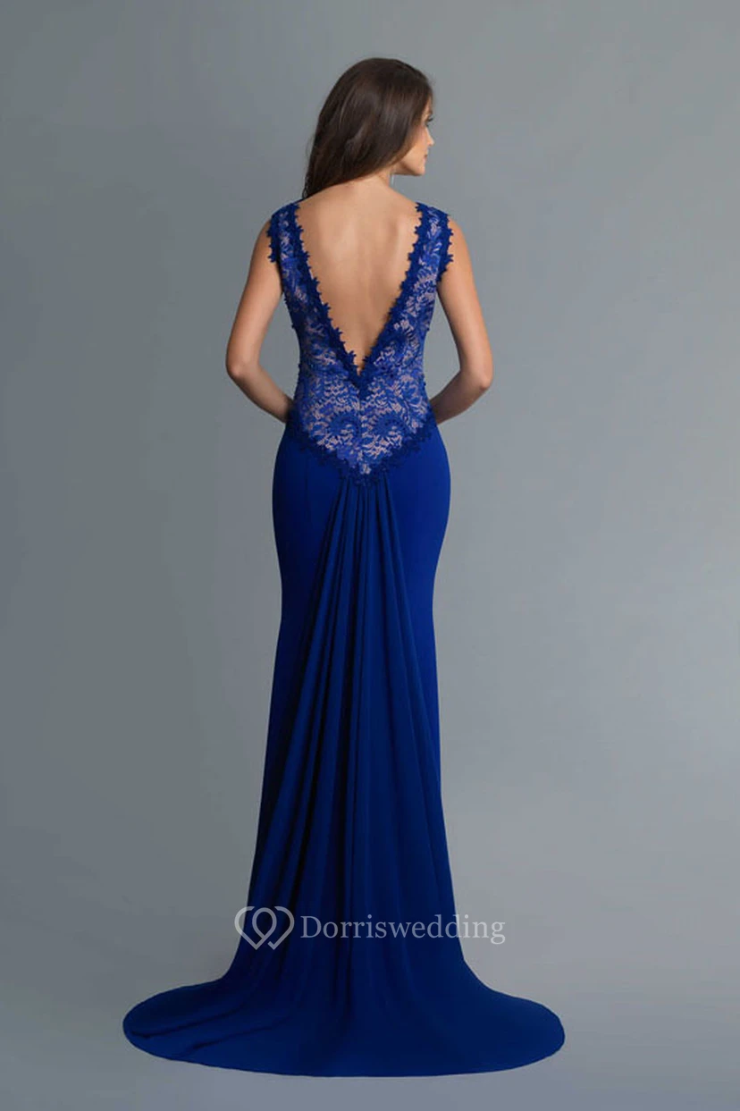 Sheath Long V-Neck Sleeveless Jersey Deep-V Back Dress With Lace view 2