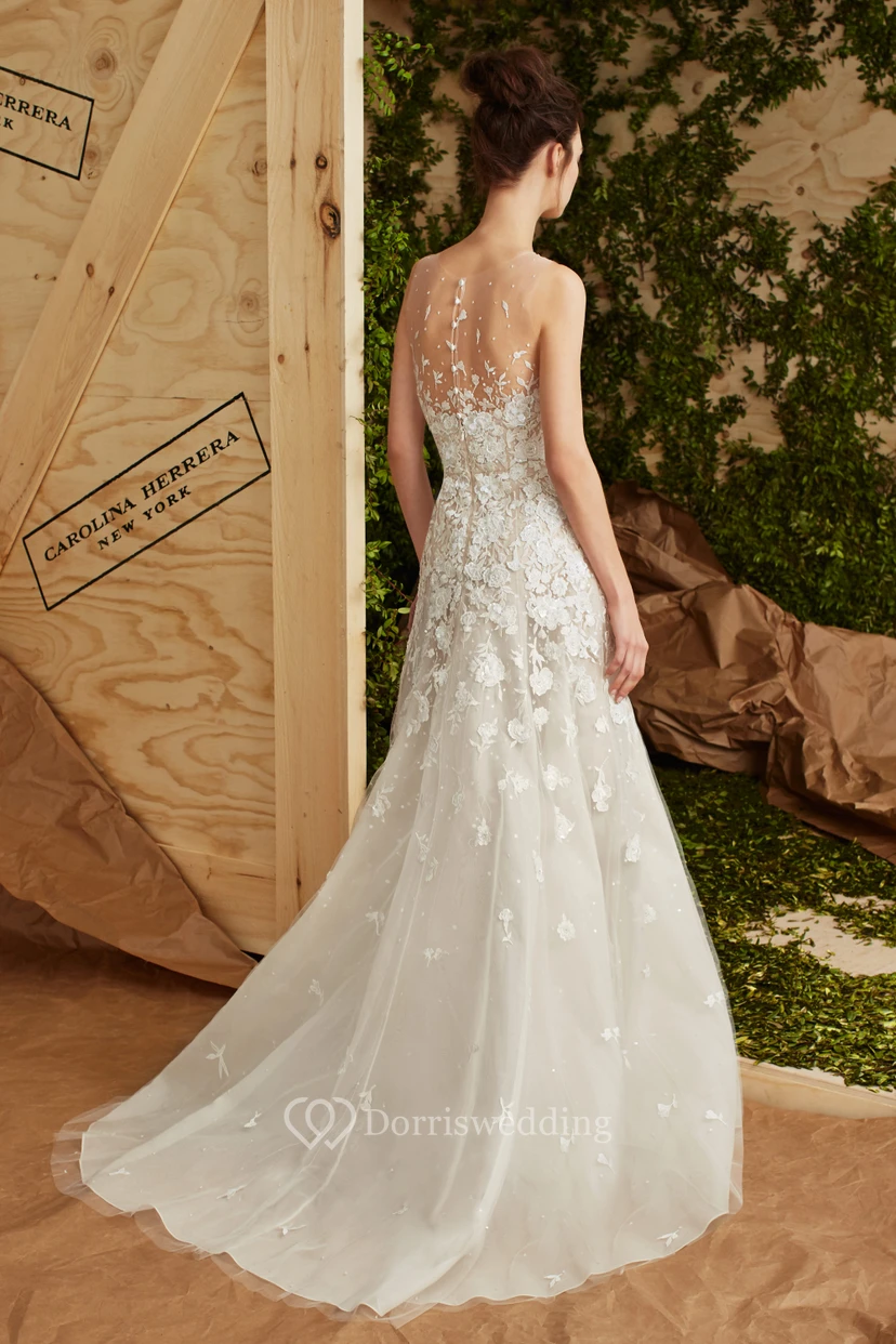 Sheath Sleeveless Long High Neck Tulle Wedding Dress With Appliques And Illusion view 2