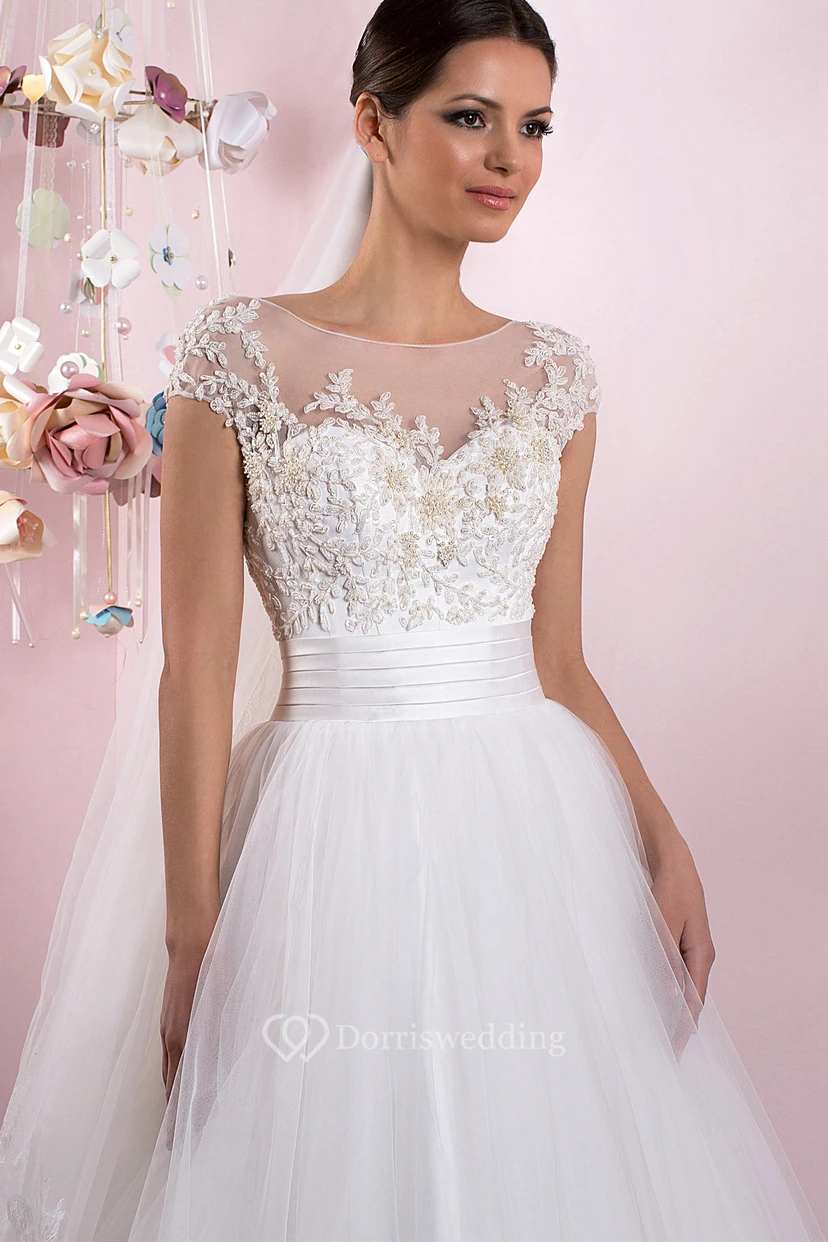 Ball Gown Cap Sleeve Appliqued Scoop Neck Tulle Wedding Dress Styles view 3