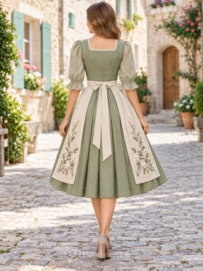 Vintage Sage Square Neck Elbow Sleeve Botanical Apron Dirndl Dress view 2