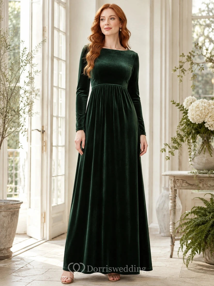 Modest Dark Green Jewel Neck Long Sleeve Velvet A-Line Floor-Length Gown