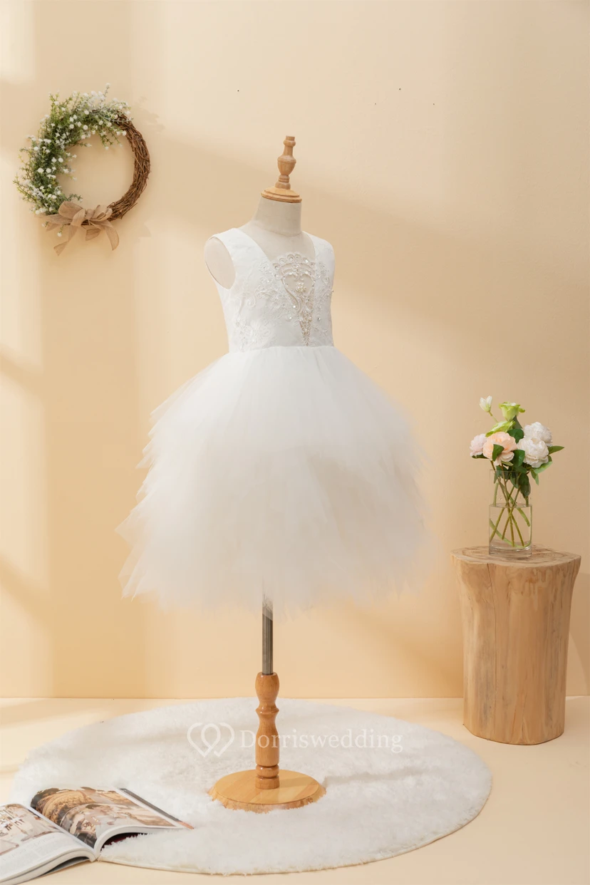 Short Ruffled Sleeveless Layered Plunged Tulle Flowergirl Dress view 6
