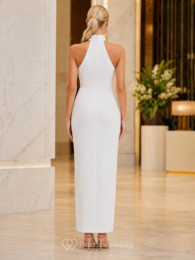White Halter High Neck Sheath Knee-Length Satin Dress view 2