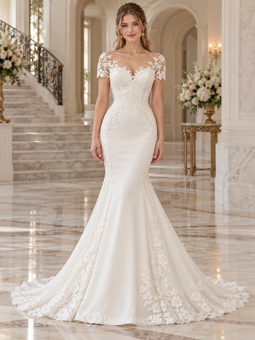 Vestido de novia de sirena de manga corta, encaje floral y satén con cola.
