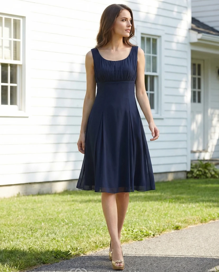 Knielanges Chiffonkleid mit tiefem Ausschnitt und Falten