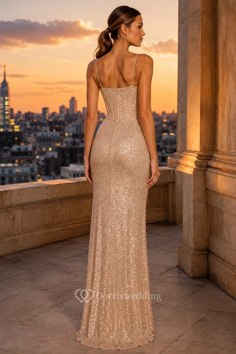 Champagne Sequin Sheath Evening Dress with Slit view 2