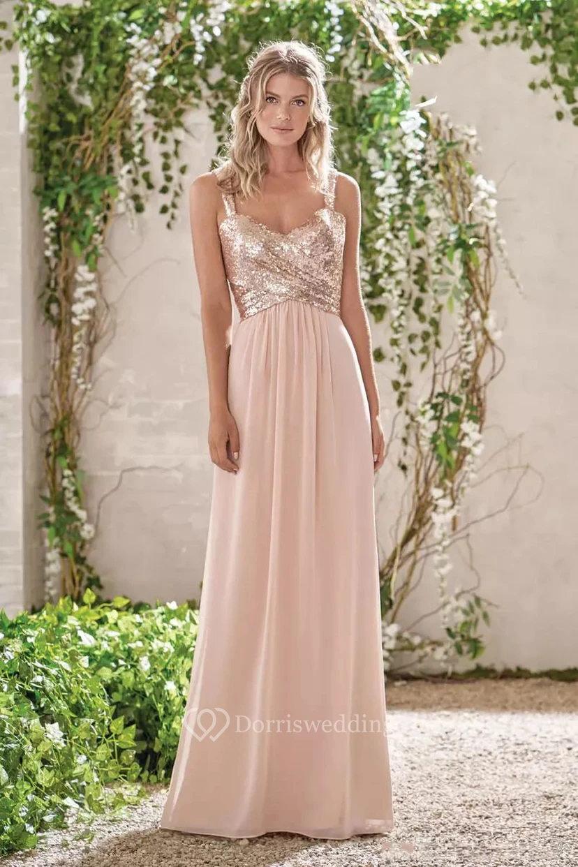 Neckholder-Brautjungfernkleid aus Chiffon mit Pailletten, A-Linie, bodenlang, ärmellos, mit V-Ausschnitt und Reißverschluss am Rücken view 3