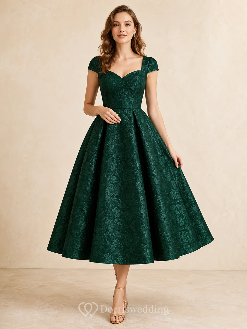 Vestido de invitada de jacquard de corte A con escote corazón y mangas cortas en verde oscuro