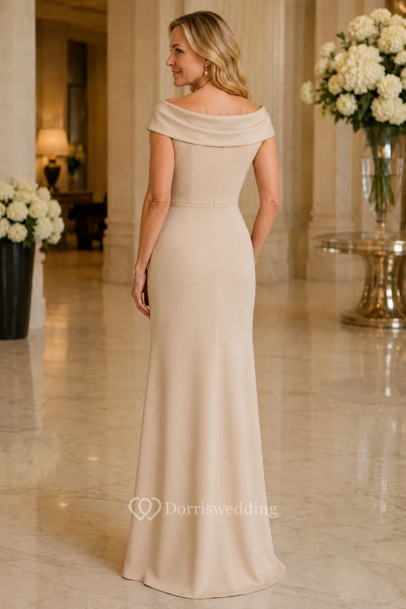 MOB-Kleid Champagnerfarbenes Satin-Meerjungfrauenkleid mit kurzen Ärmeln, schulterfrei, bodenlang und drapiert view 2