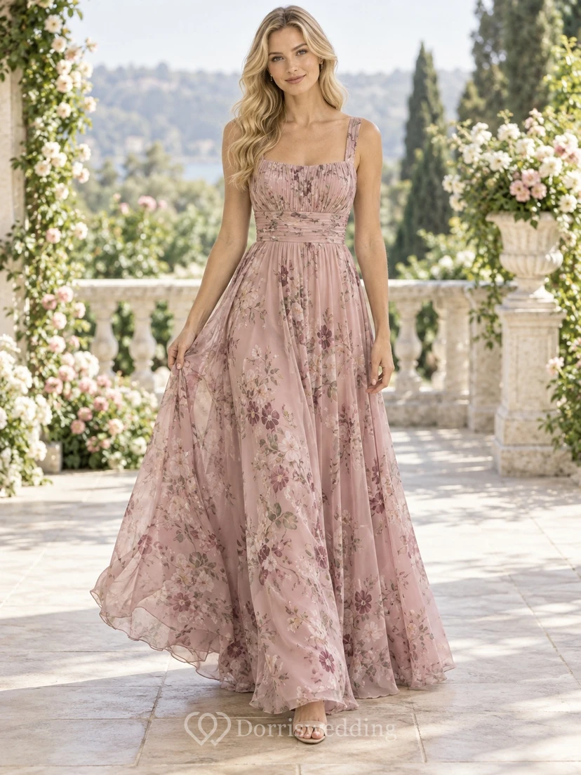 Vestido de dama de honor romántico de gasa, largo hasta el suelo, con escote cuadrado y tirantes finos, color rosa empolvado y estampado floral.