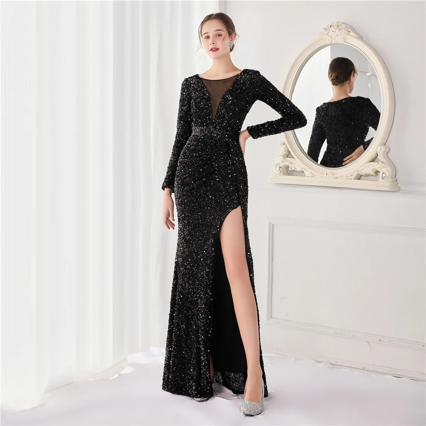 Elegantes, langes Paillettenkleid mit langen Ärmeln und Meerjungfrauenschnitt – ein Abendkleid im Aura-Queen-Stil für festliche Anlässe. view 11