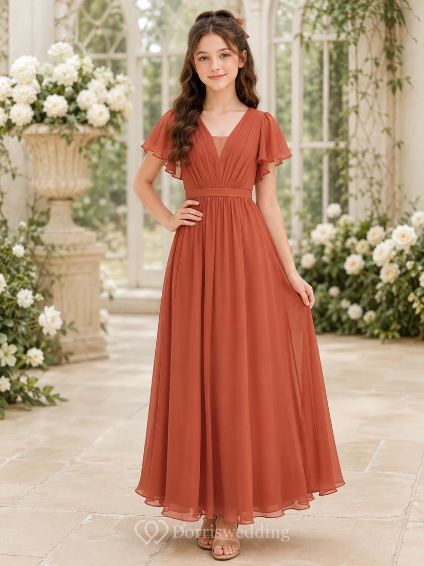 Romantisches orangefarbenes Chiffonkleid mit Glockenärmeln, V-Ausschnitt, A-Linie und bodenlanger Silhouette für junge Brautjungfern