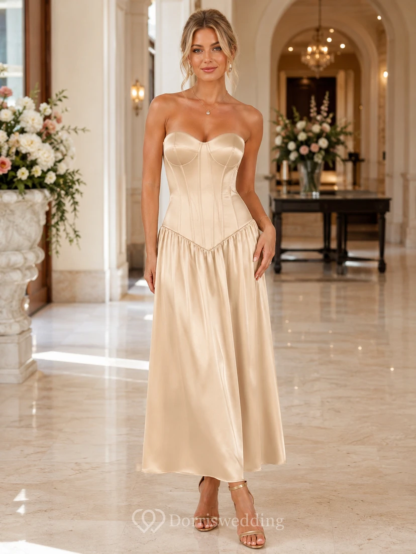 Champagne Strapless Corset Drop Waist Satin Midi Guest Dress
