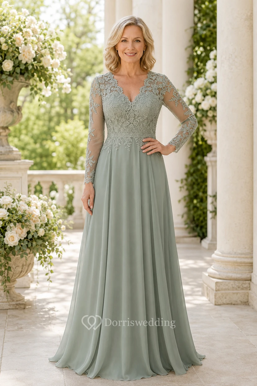 Sage Lace Bodice A-Line Mother Dress with Long Sleeves