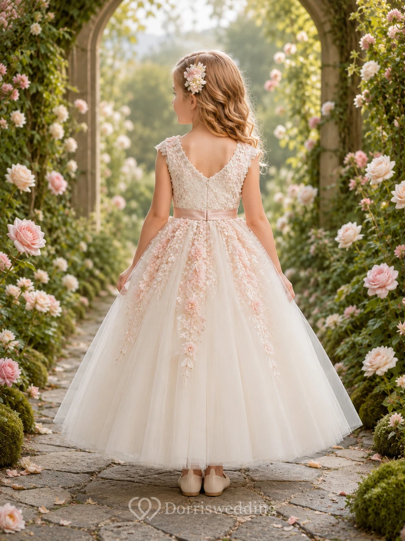 Vestido de niña de flores romántico color marfil, corte en A, tul, manga corta, escote redondo, largo midi, apliques florales. view 2