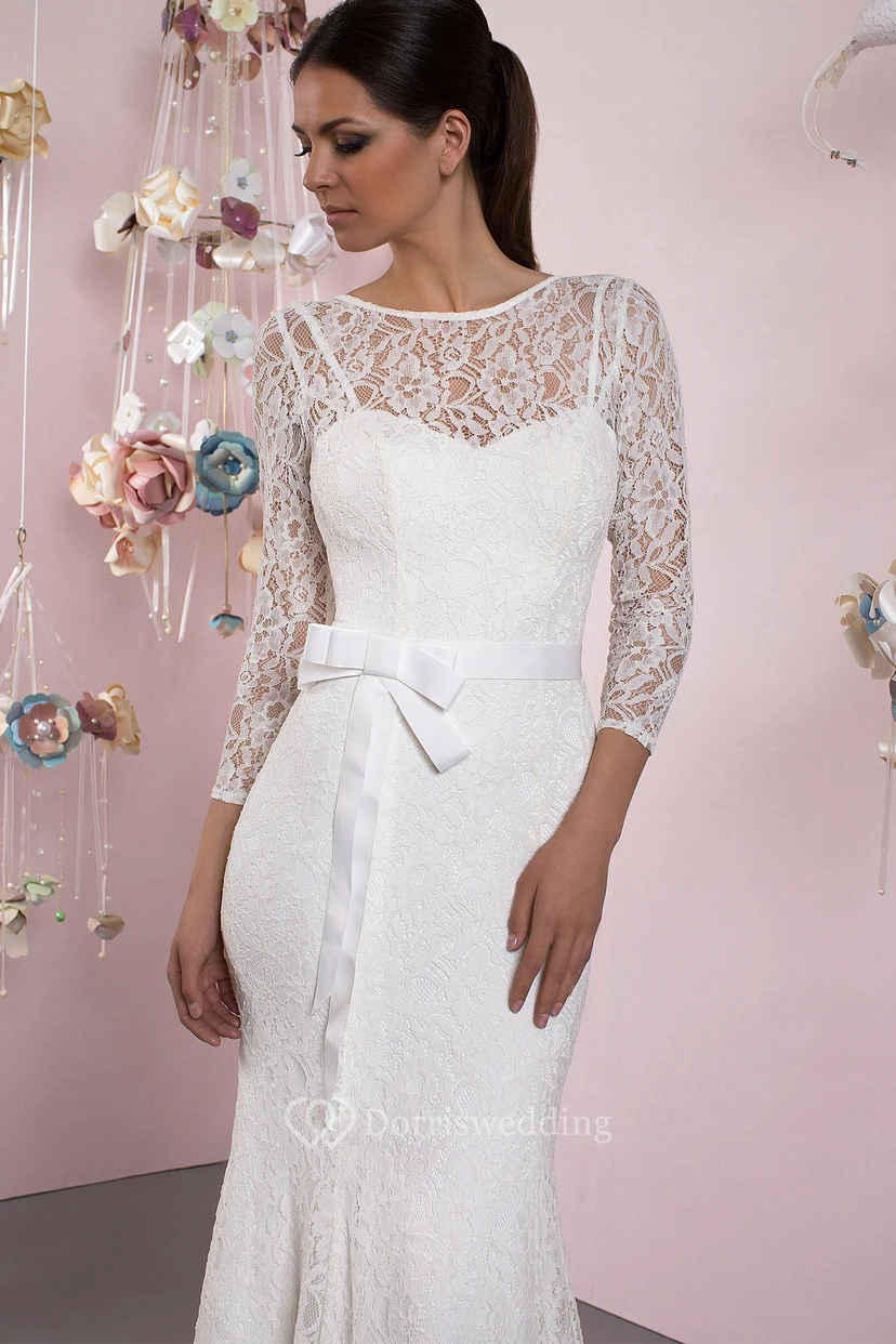 Sheath 3-4 Sleeve Bowed Scoop Neck Lace Wedding Dress With Brush Train view 4