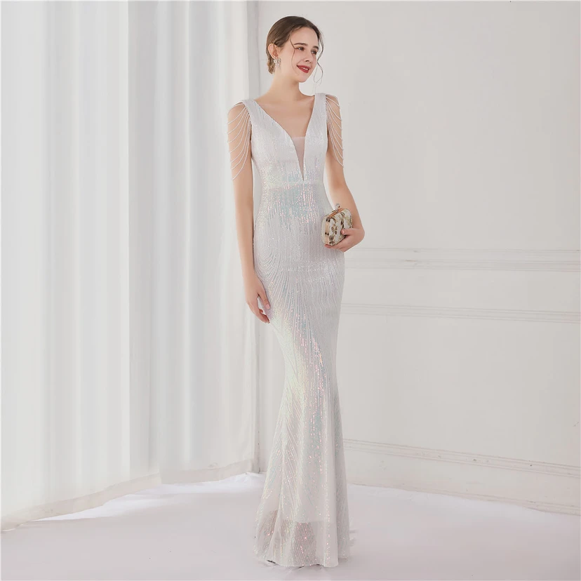 Vestido largo de lentejuelas con cola de pez, ideal para eventos, banquetes, eventos de celebridades y eventos de moda. Vestido de noche con etiqueta para modelos de automóviles. view 23