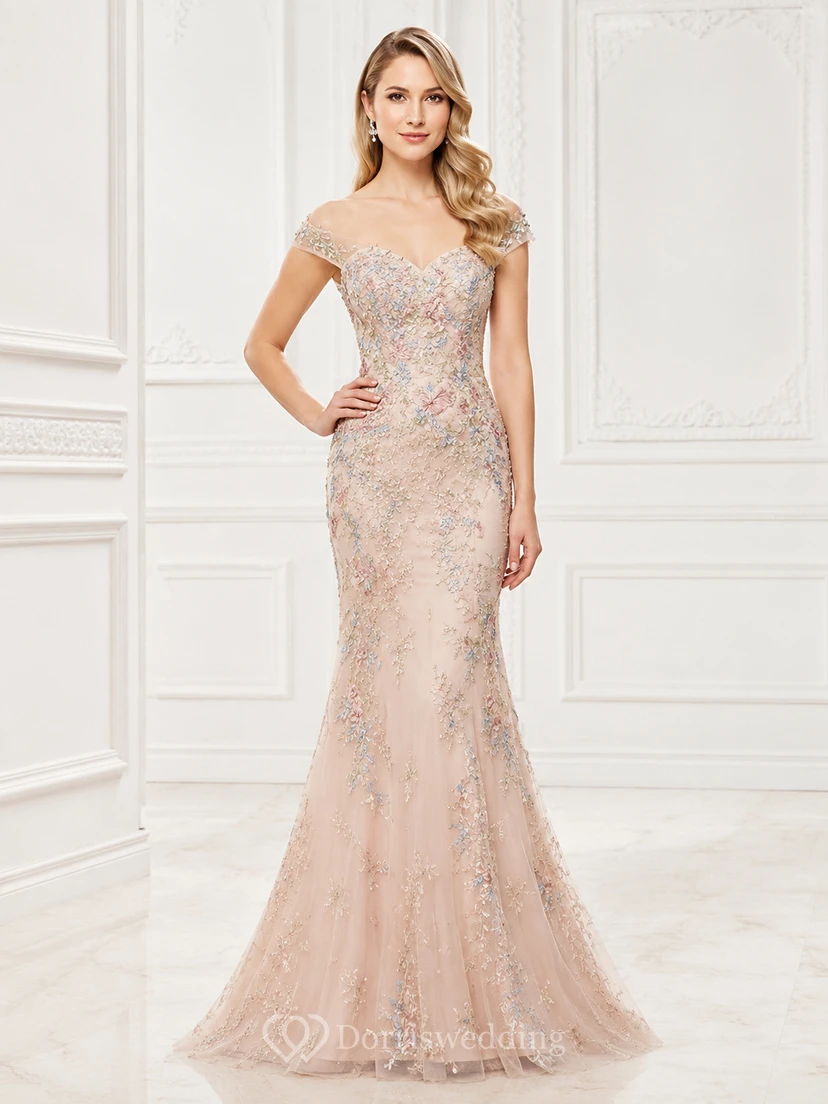 Vestido de noche de sirena de encaje color rosa con hombros descubiertos para madres de familia