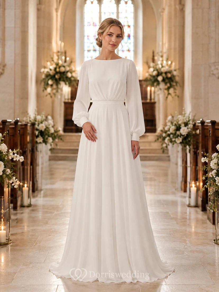 Schlichtes Chiffon-Hochzeitskleid mit langen Ärmeln und Schmuckkragen