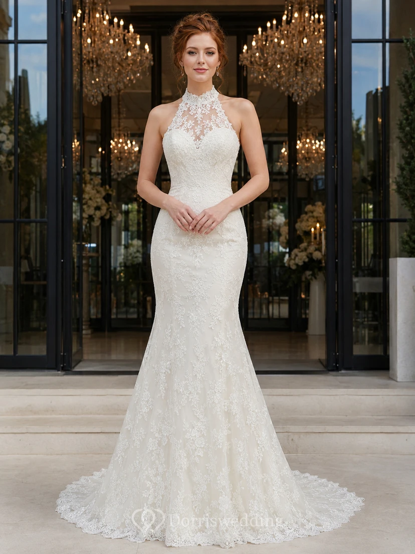 Vestido de novia de sirena con cuello alto, encaje y espalda descubierta