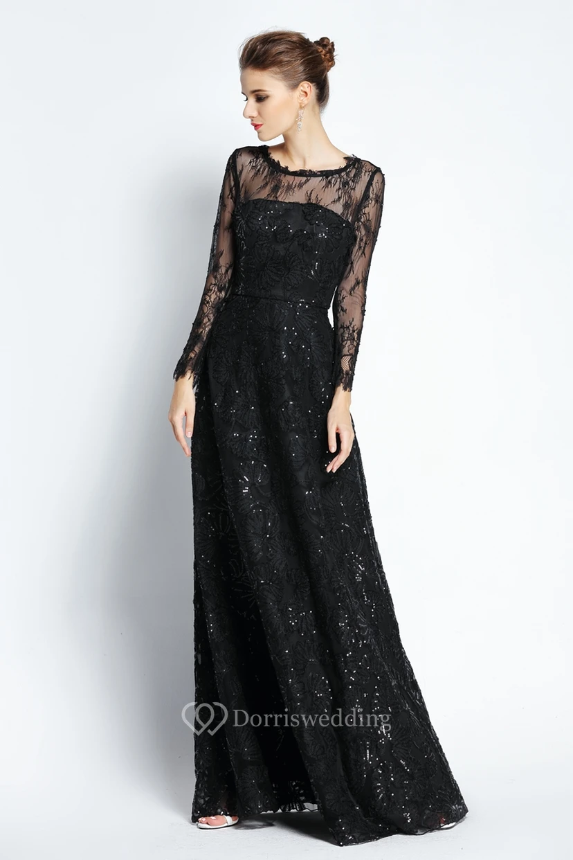 A-Line Floor-length Bateau Scalloped Lace Long Sleeve Prom Dress with Sequins