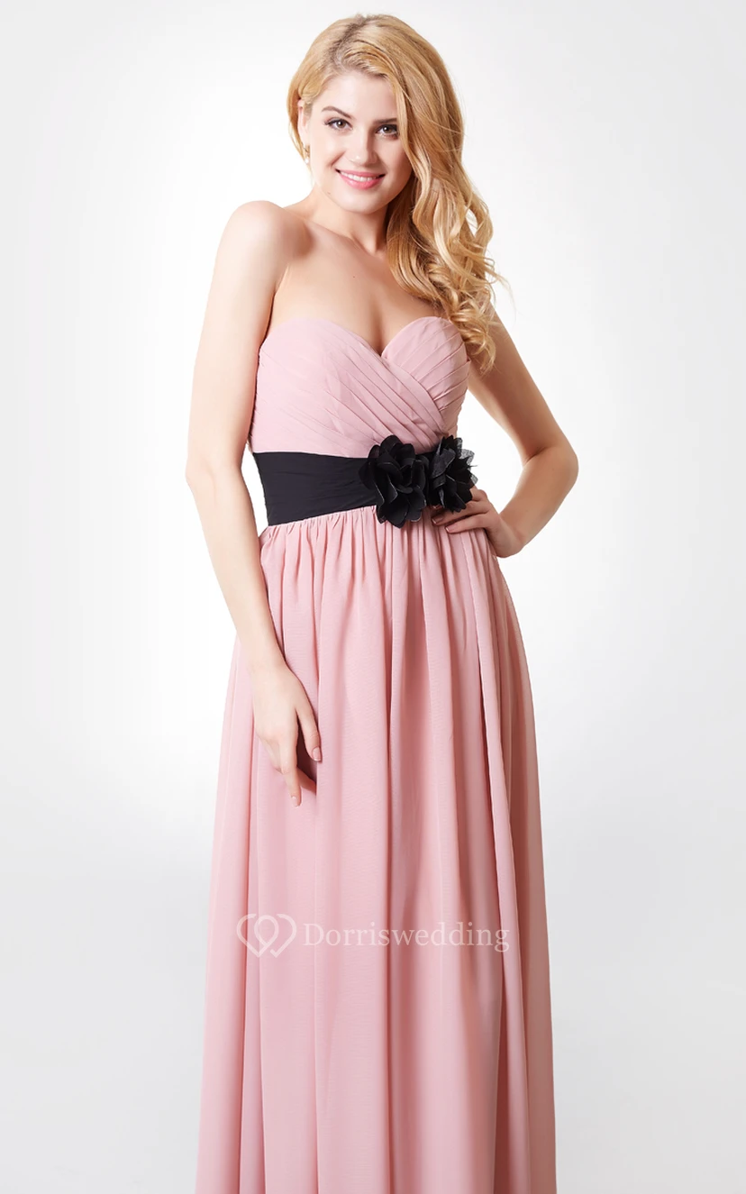 Sweetheart Ruched Floral Backless A-line Long Chiffon Dress view 5