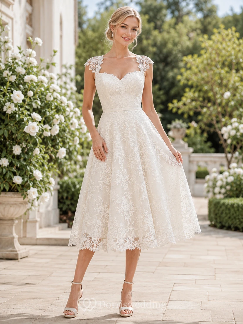 Ivory Bateau Sweetheart Cap Sleeve Lace A-Line Tea Dress Garden