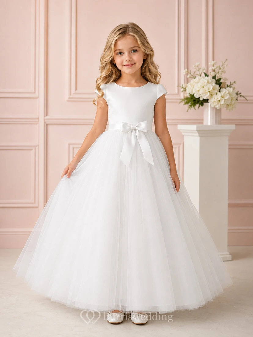 Classic Tulle Floor-Length Ball Gown Cap Sleeve Bow Flower Girl Princess Wedding Dress