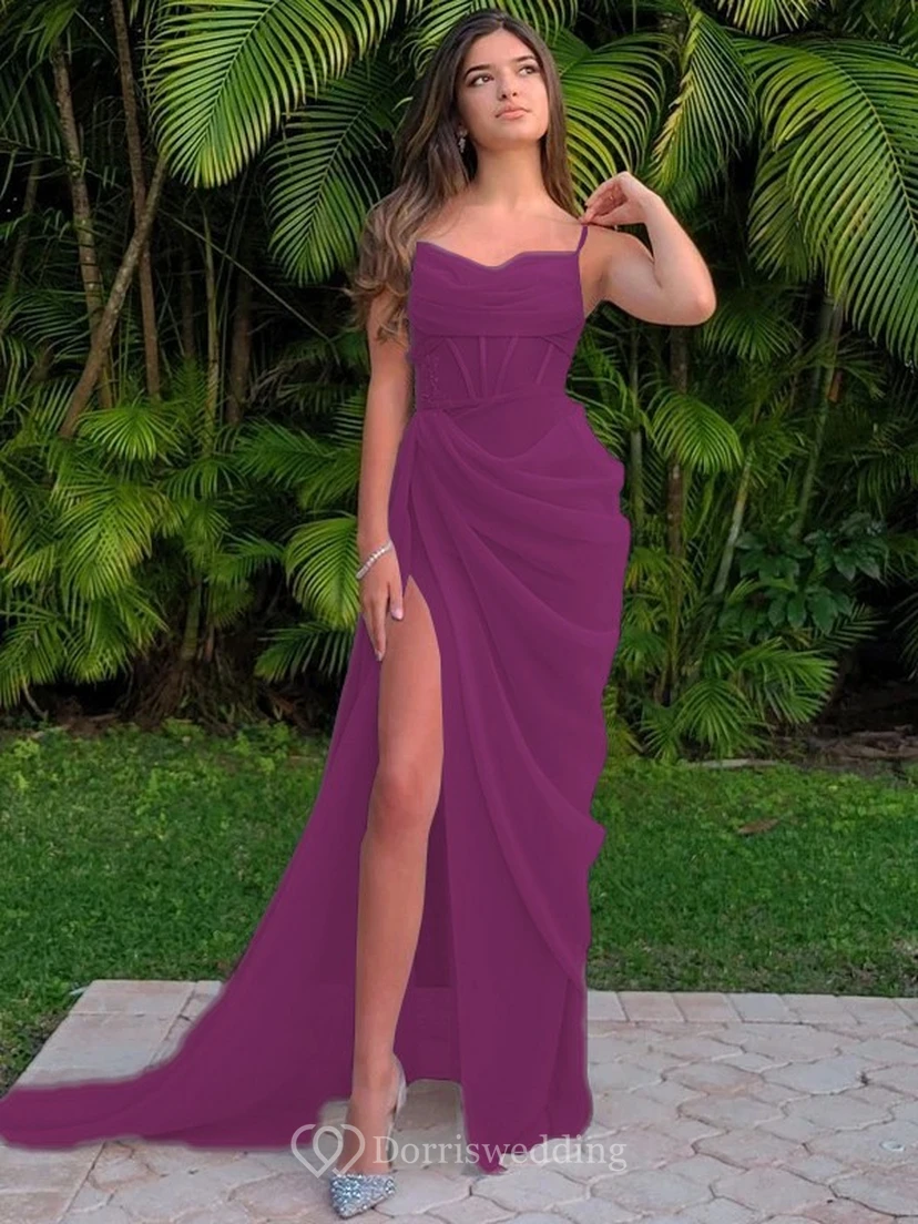 Spaghetti Ruched Sexy Front Split Sheath Side-ruched Prom Dress view 32