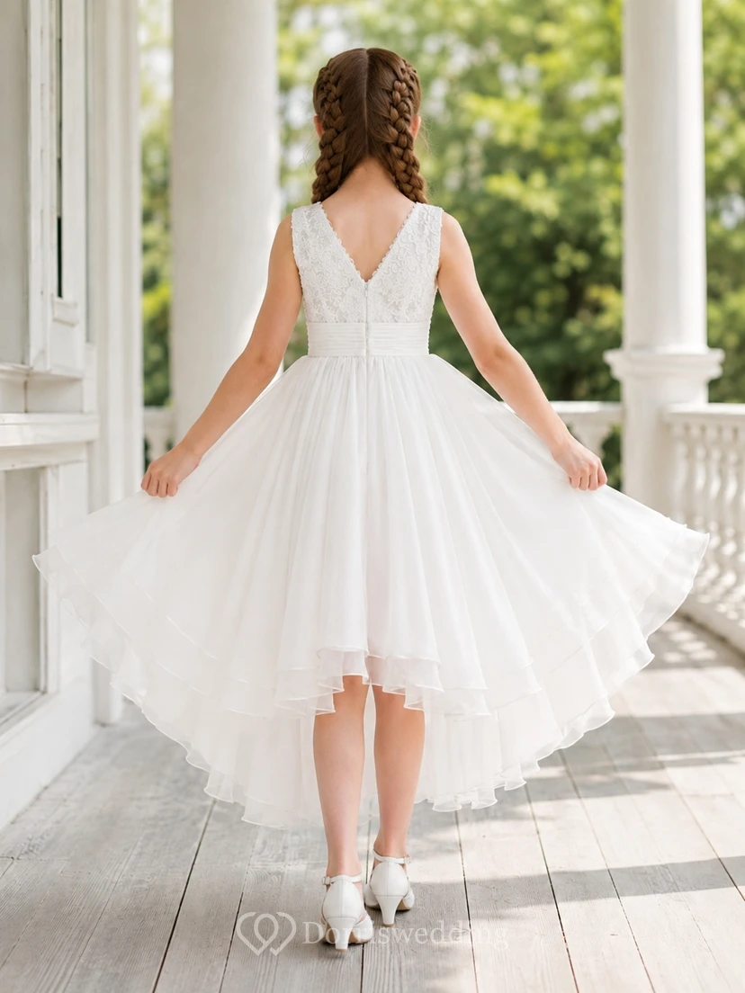 White Tulle V-Neck Sleeveless Ruffled High-Low Flowergirl Dress view 2