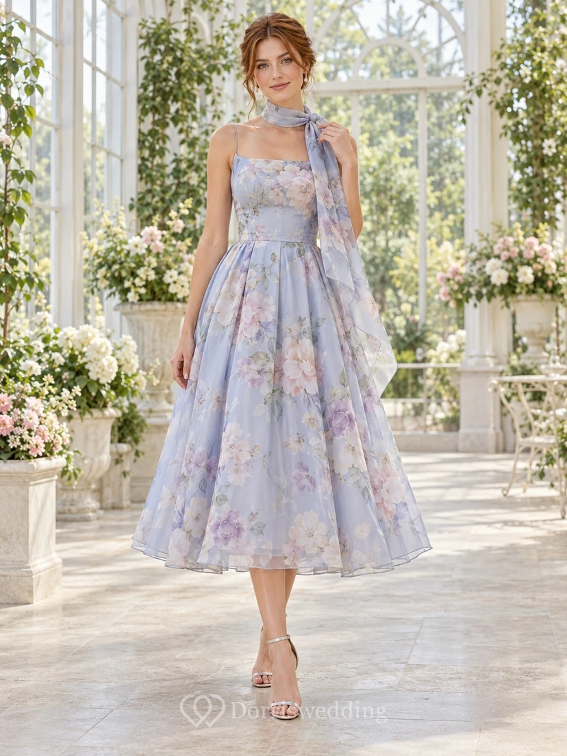 Vestido de fiesta de gasa azul claro con cuello tipo bufanda y estampado floral, sin mangas, largo hasta la rodilla, corte en A, para invitada de boda.