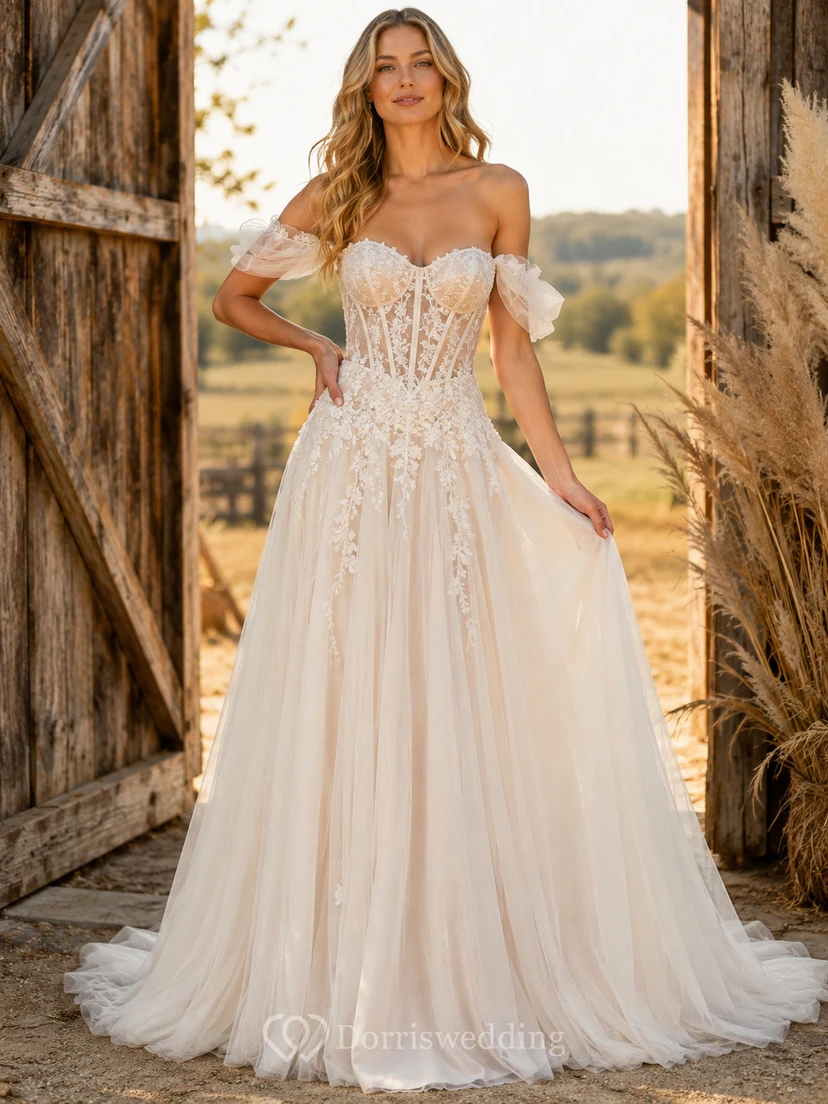 Robe de mariée rustique à corset en dentelle à épaules dénudées et taille basse