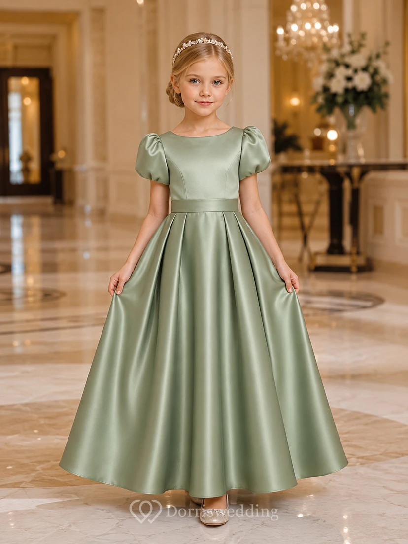 Flower Girl Dress Sage Satin A-Line Jewel Neck Floor Length Bow Detail