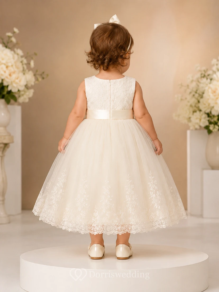 Baptism Dress A-Line Tulle Lace Jewel Neck Sleeveless Tea-Length Hem view 2