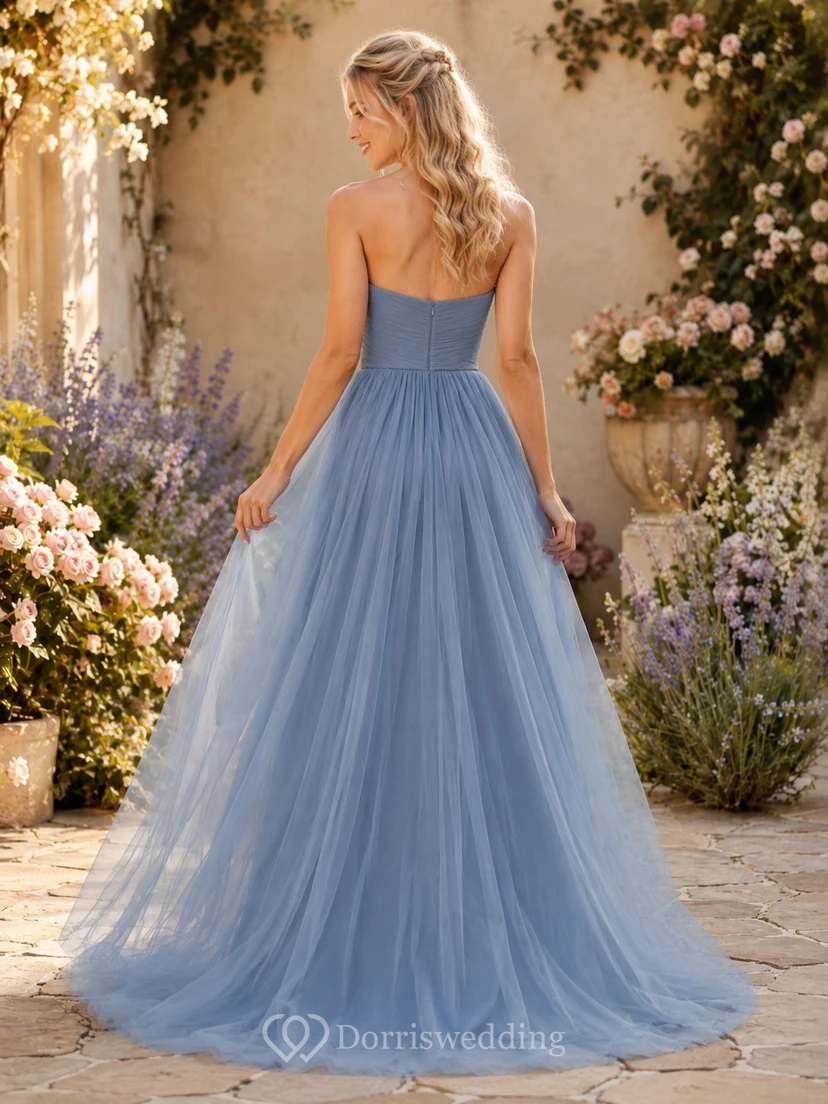 Sky Blue Strapless Sweetheart Pleated Tulle A-Line Floor-Length Prom Evening Dress view 2