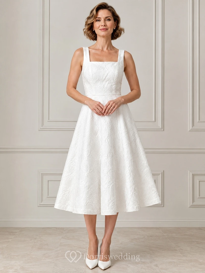 White Square Neck Strapped Vintage Textured Taffeta A-Line Tea-Length Formal Dress