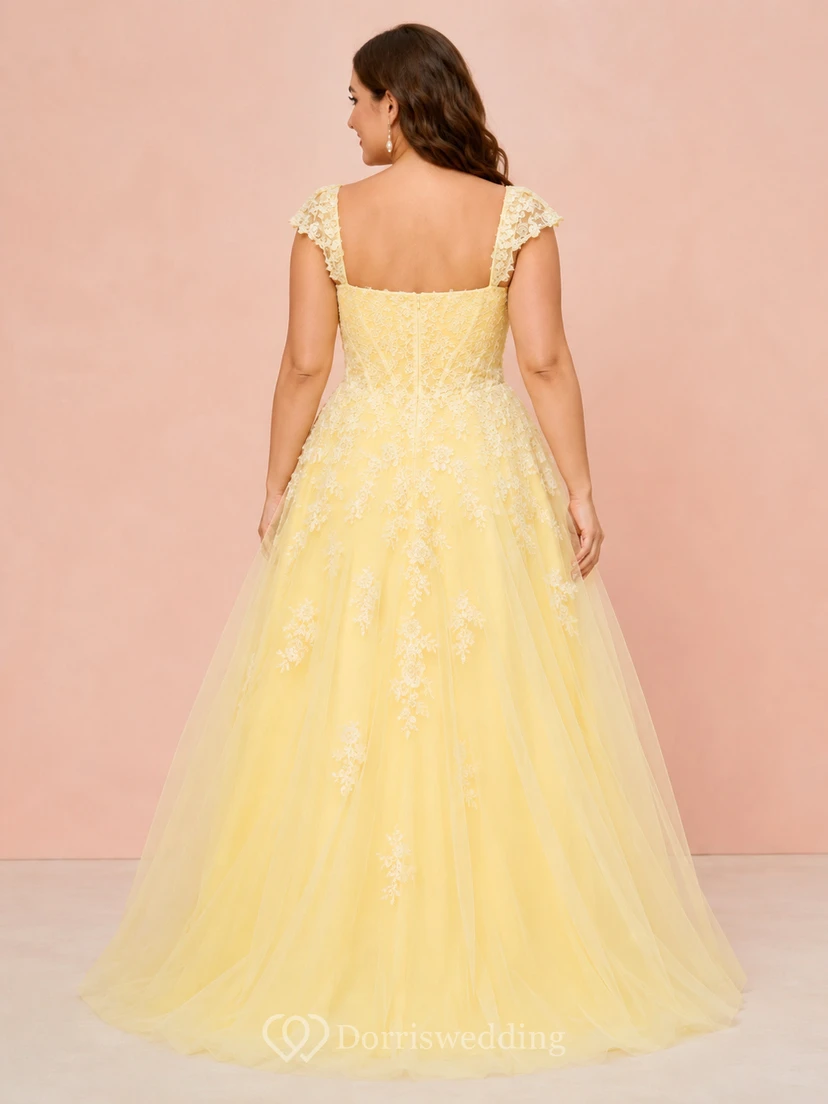 Yellow Plus Size Square Neck Lace Studio Bridal Gown view 2
