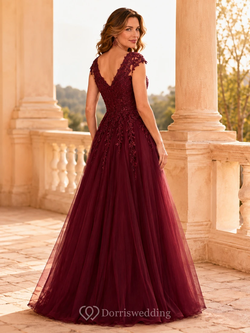 Burgundy V-Neck Cap Sleeve Floral Applique Tulle A-Line Floor Length Mother Dress view 2