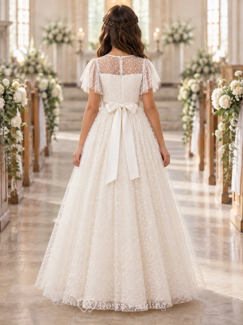 Elfenbeinfarbenes A-Linien-Kleid aus Tüll mit Punkten, bodenlang, mit Illusionseffekt, flatternden Ärmeln und Schleife am Rücken für Blumenmädchen view 2