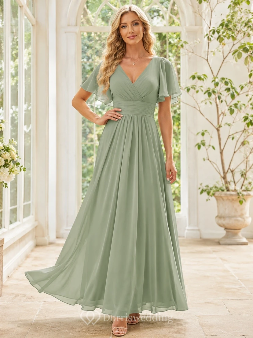 Elegantes, salbeigrünes A-Linien-Maxikleid aus Chiffon mit V-Ausschnitt und flatternden Ärmeln