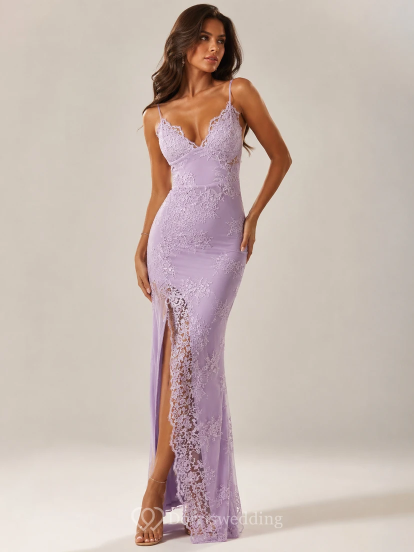 Sheath Lace Straps V-neck Sleeveless Low-V Back Dress view 7