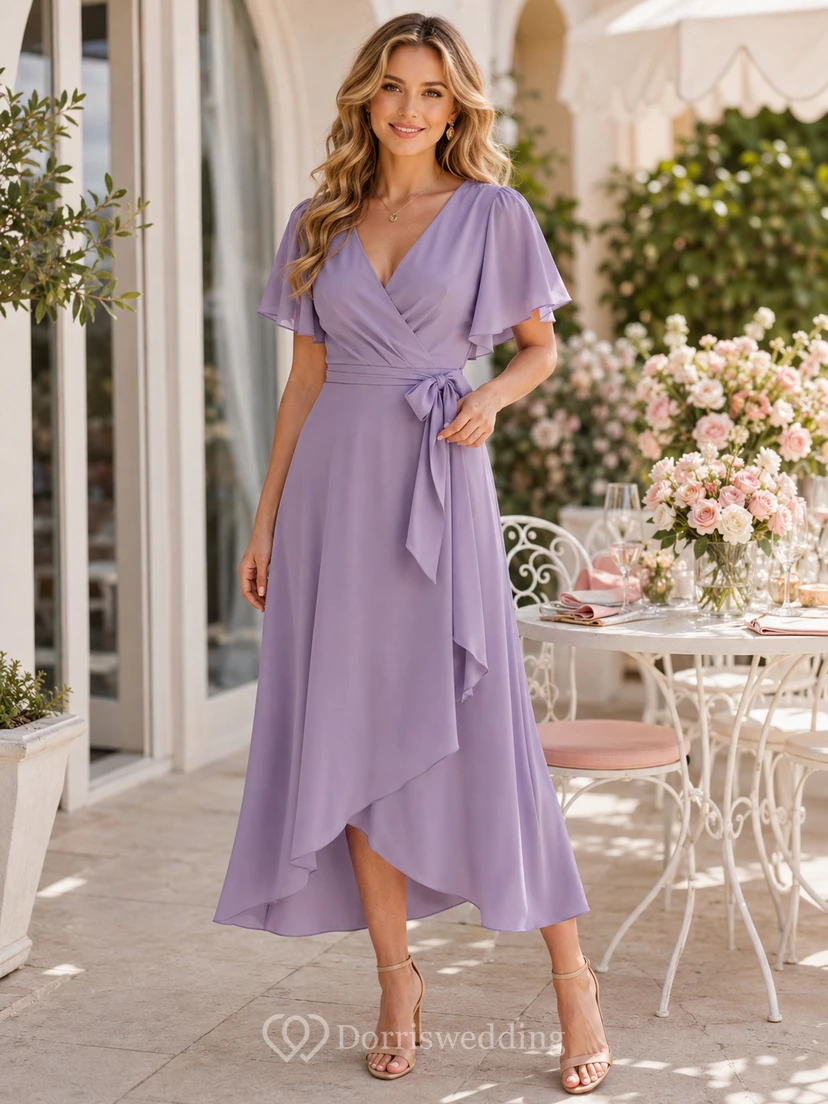 Soft Lavender Wrap Flutter Sleeve Asymmetrical Midi Guest Dress