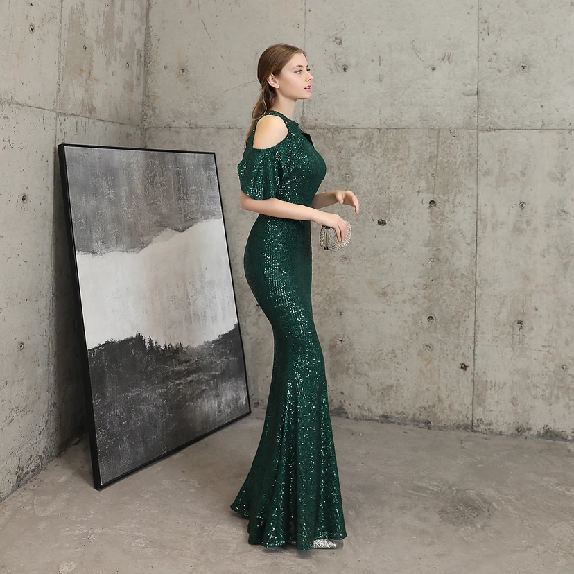 Banquet Temperament Elegant Long Short-Sleeved Sequin Aura Queen Fishtail Evening Dress view 3