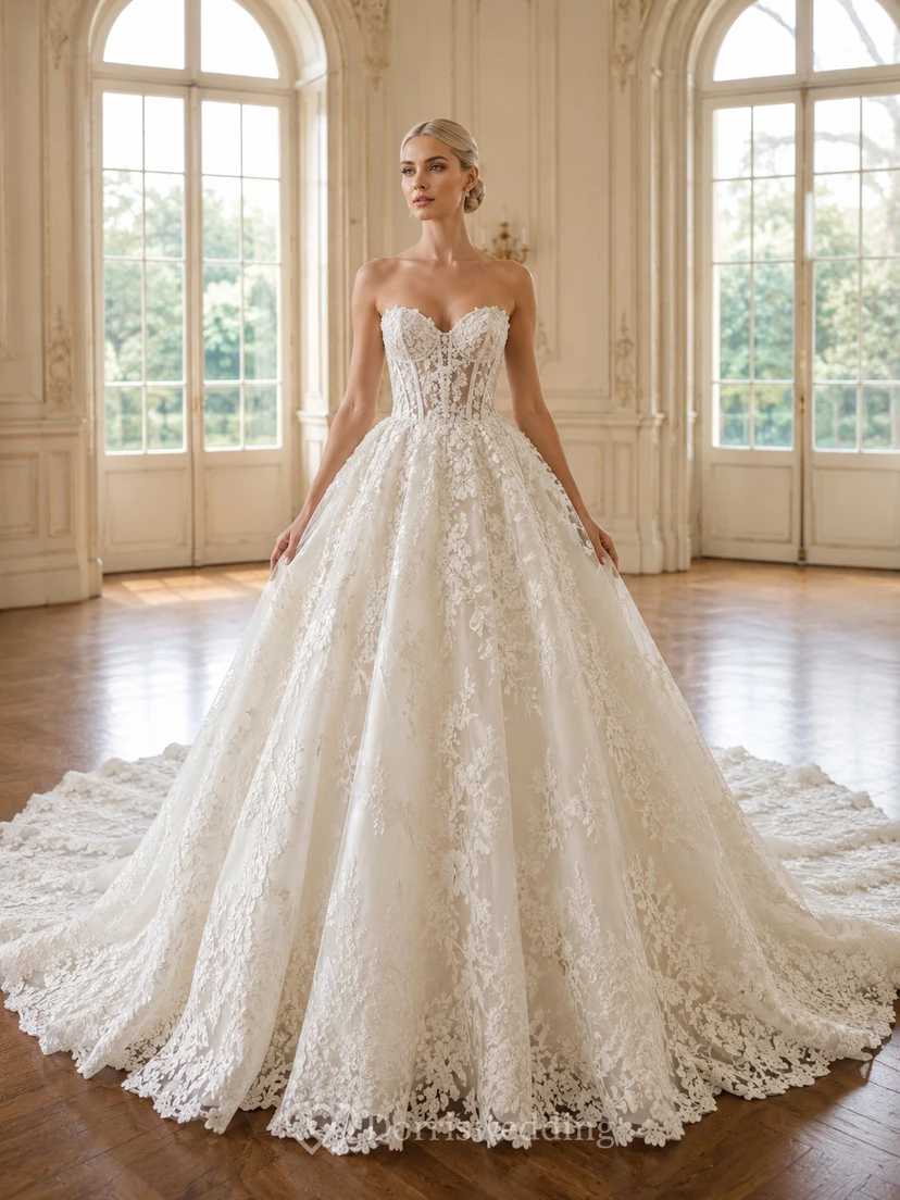 Trägerloses, herzförmiges Ballkleid mit Muschelsaum und Kathedralenschleppe