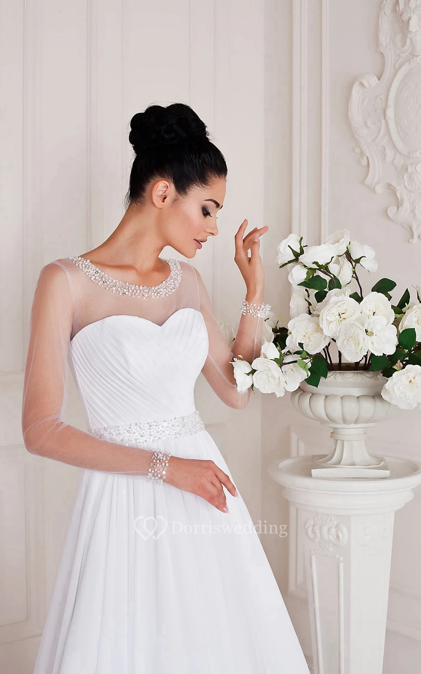 Scoop Neck Long Sleeve A-line Chiffon Wedding Dress Styles With Ruching And Beading view 2