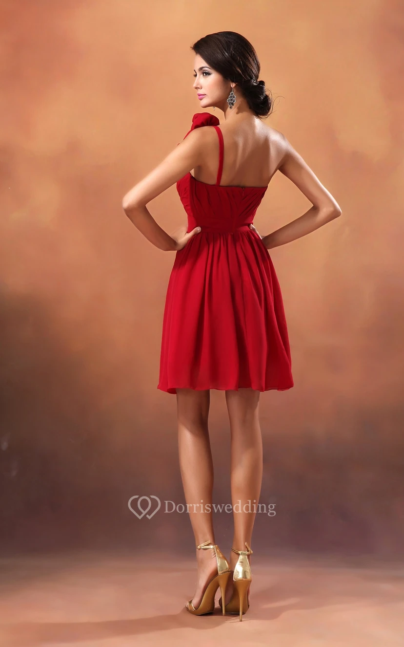 Knee-Length Chiffon Dress With Pleating and Floral Strap view 6