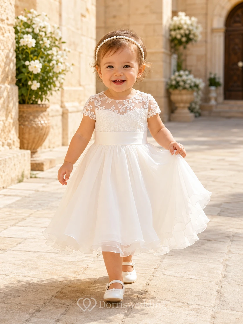 Taufkleid für Babys und die Taufzeremonie: A-Linie, Teelänge, Rundhalsausschnitt, kurze Ärmel, Tüllspitze, Schleife am Rücken, Knopfleiste am Rücken, weicher Tüllrock
