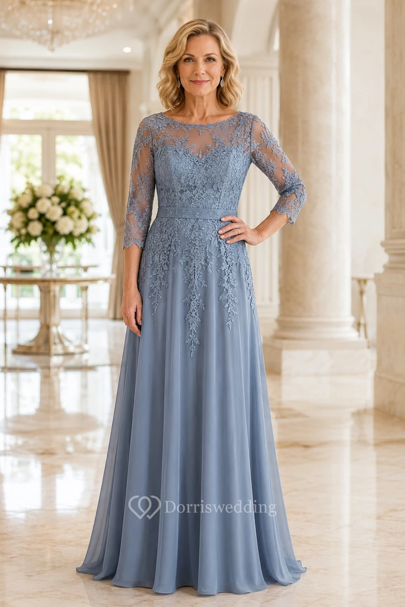 Elegantes stahlblaues Chiffon-Mutterkleid mit Spitzenoberteil und Dreiviertelärmeln
