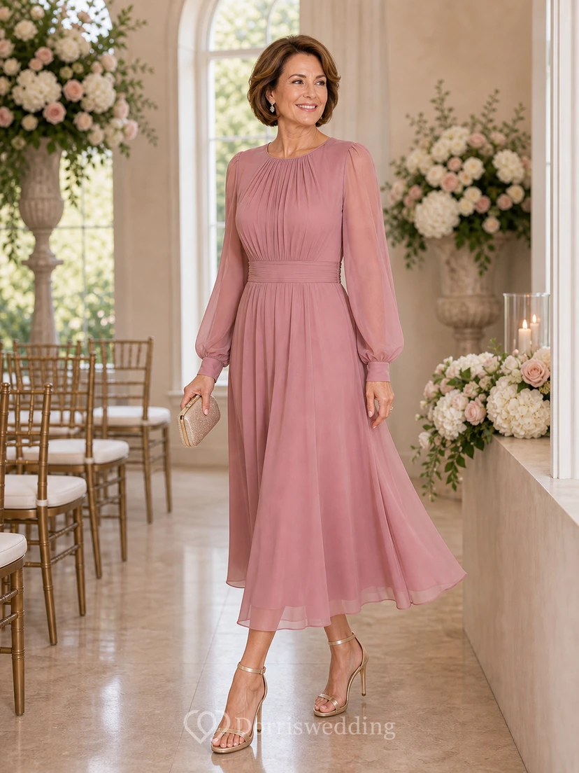 Jewel Neck Long Sleeve Chiffon Tea-Length Dress view 5