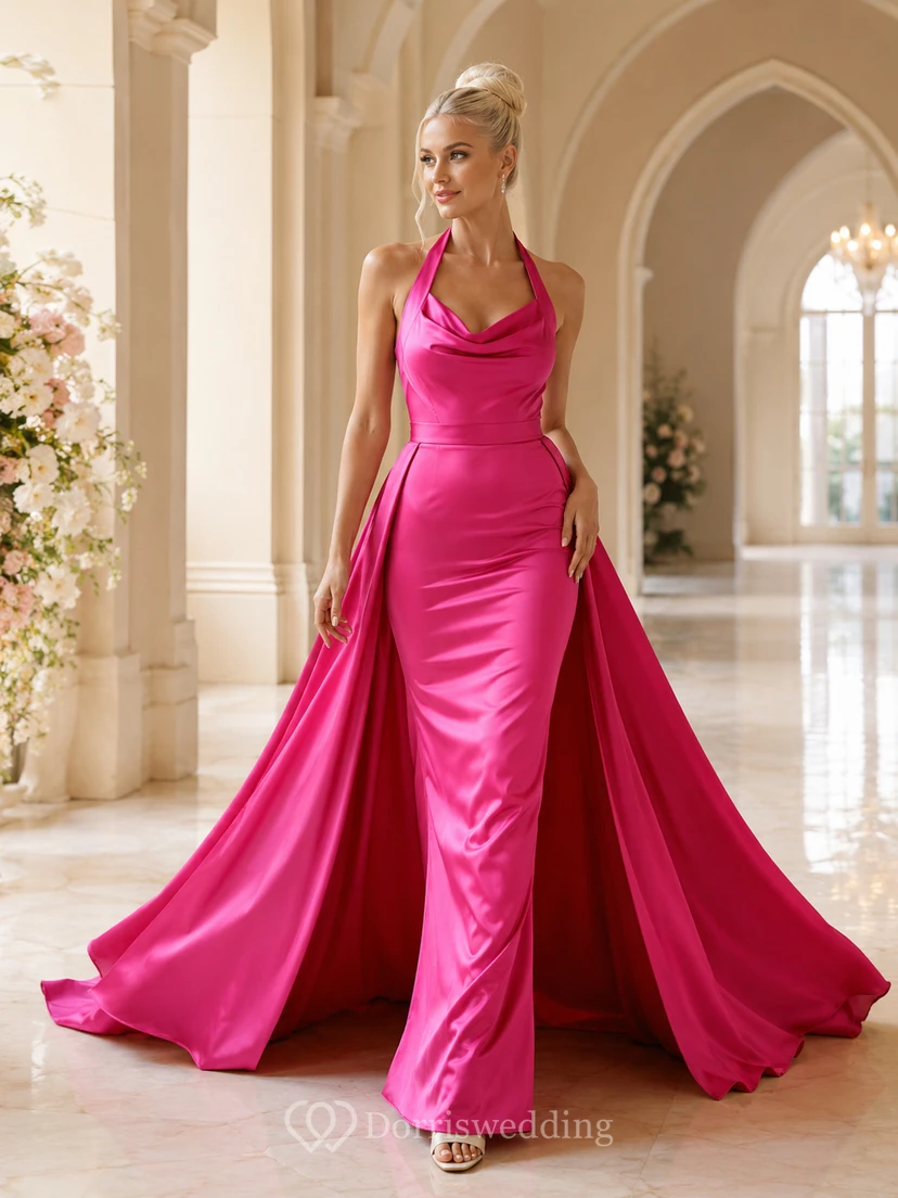 Robe de mariée fuchsia en satin fourreau dos nu à col châle et traîne courte